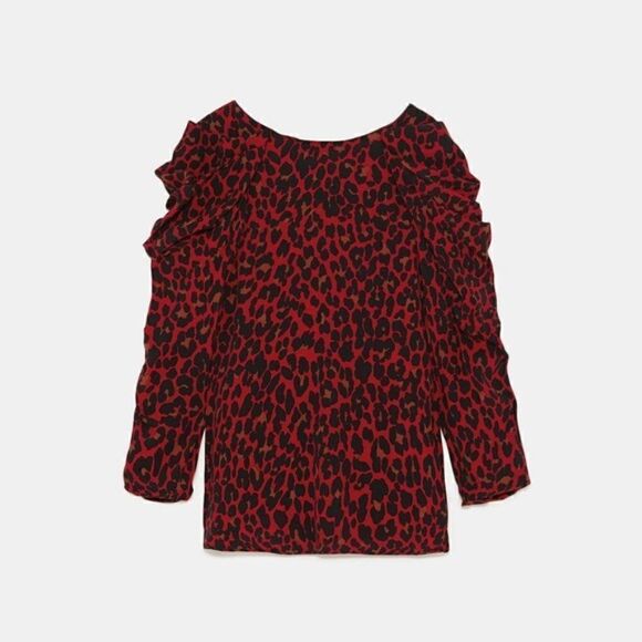 Zara Puff Sleeve Red/Black Animal Print Top Size S - Picture 9 of 11